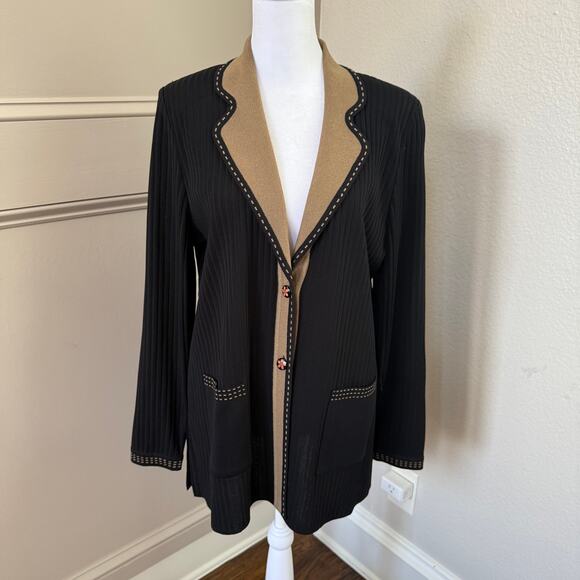 Misook Black Tan Contrast Trim Cardigan Jacket Floral Button Detail Size L - Picture 1 of 7